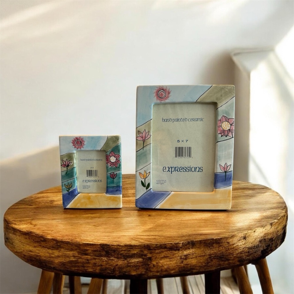 Expressions Artistic Ceramic Picture Frame Set - Blue and Cream